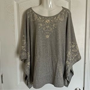 Johnny Was Grey Sweatshirt/Poncho With White Floral Embroidery